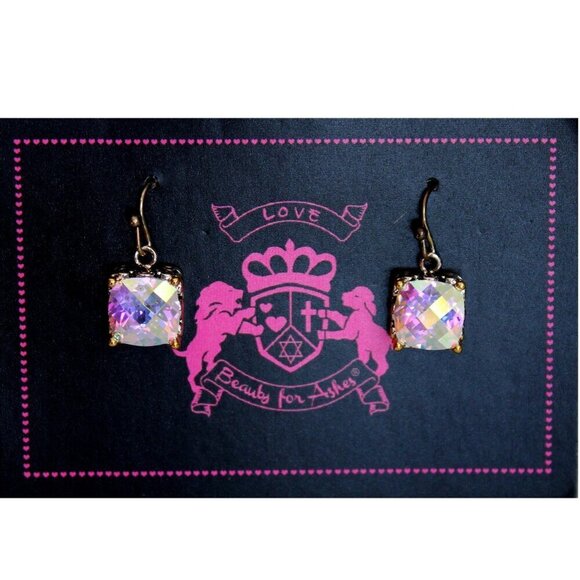 8mm Checker Throne Room Glory Fire Aurora Borealis Rainbow AB CZ Dangle Earrings - Picture 4 of 4